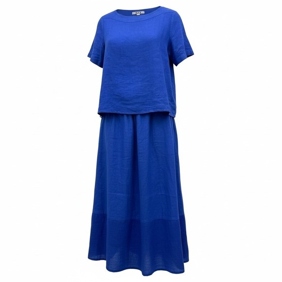 FLAX Womens Size S Small 100% Linen 2 Piece Set Top and Maxi Skirt Cobalt Blue